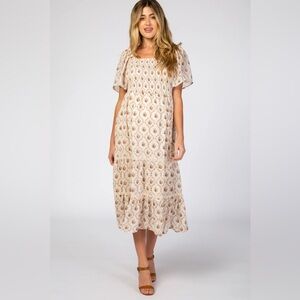 Pinkblush Maternity Ivory Floral Chiffon Smocked Front Lace Trim Midi, Small
